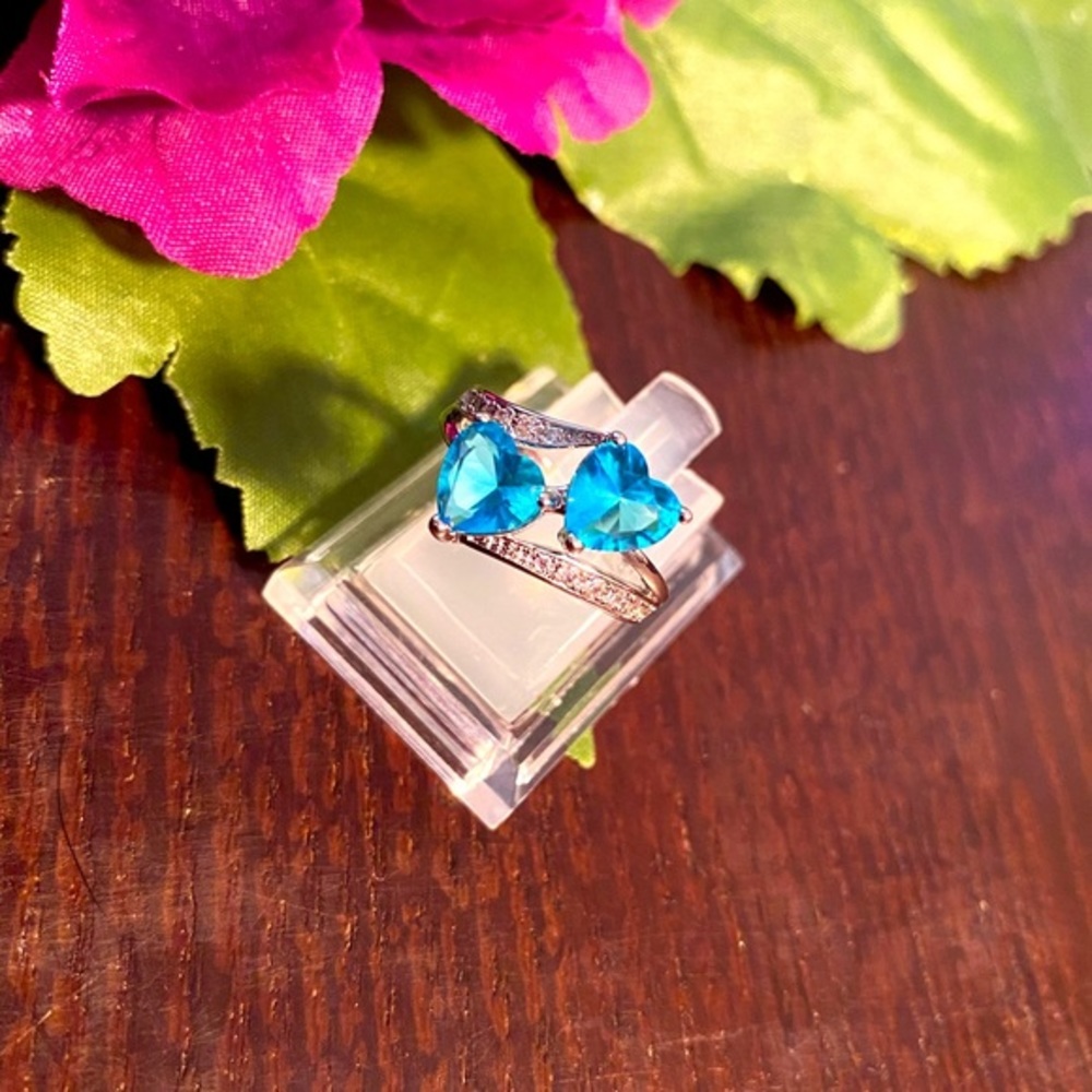 Sterling Silver Blue Topaz Double Hearts Ring